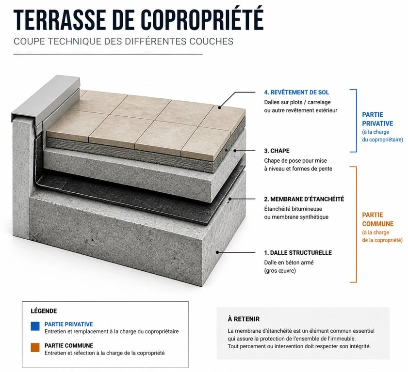 Schéma explicatif de l'étanchéité d'une terrasse privative en copropriété : répartition entre parties communes et privatives
