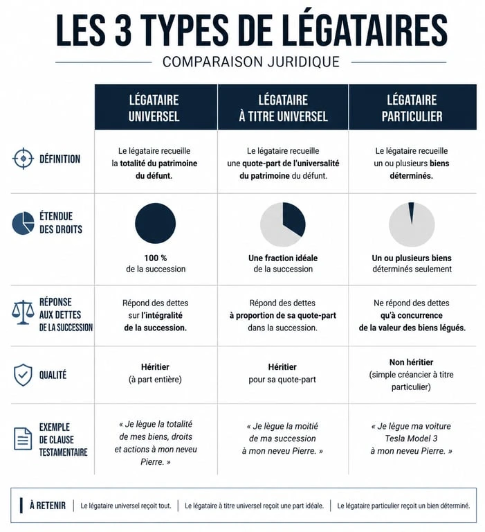 Tableau comparatif des types de légataires : universel, à titre universel et particulier