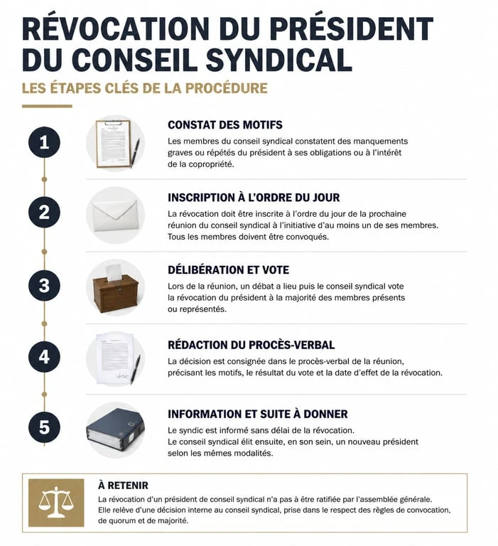 Infographie des étapes de révocation d'un président de conseil syndical autoritaire