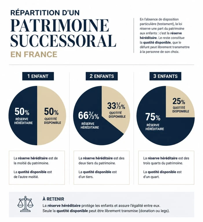 Infographie sur la réserve héréditaire et la quotité disponible pour comprendre comment déshériter un enfant en France