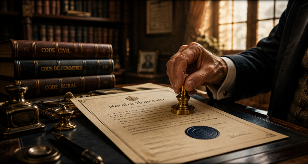 notaire honoraire tamponne un document officiel