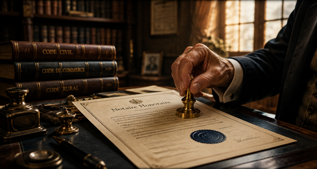 notaire honoraire tamponne un document officiel