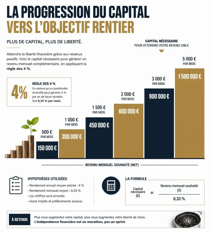 Infographie sur l'objectif rentier et le capital nécessaire pour atteindre l'indépendance financière