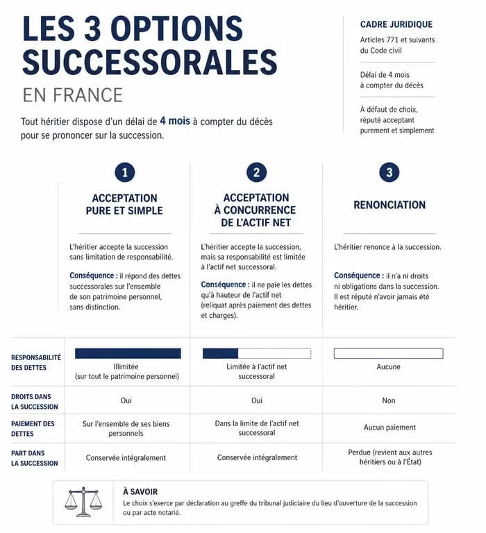 Schéma des trois options successorales : acceptation pure et simple, acceptation à concurrence de l'actif net et renonciation pour comprendre combien coûte un refus de succession