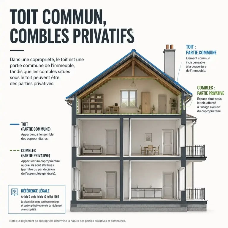 Schéma illustrant la distinction entre parties communes et privatives dans une copropriété pour la toiture