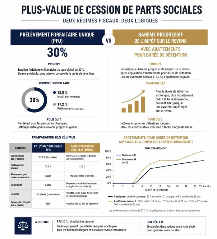 Comparatif fiscal : PFU vs Barème progressif pour la plus-value de cession de parts sociales