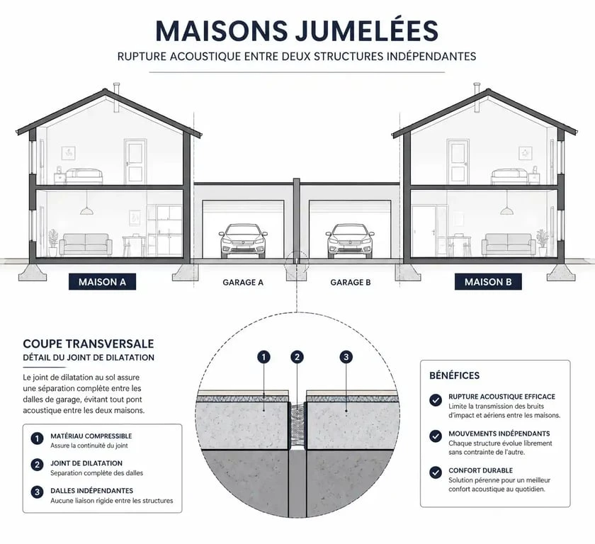 Schéma technique d'une maison mitoyenne par le garage avec joint de dilatation pour l'isolation phonique