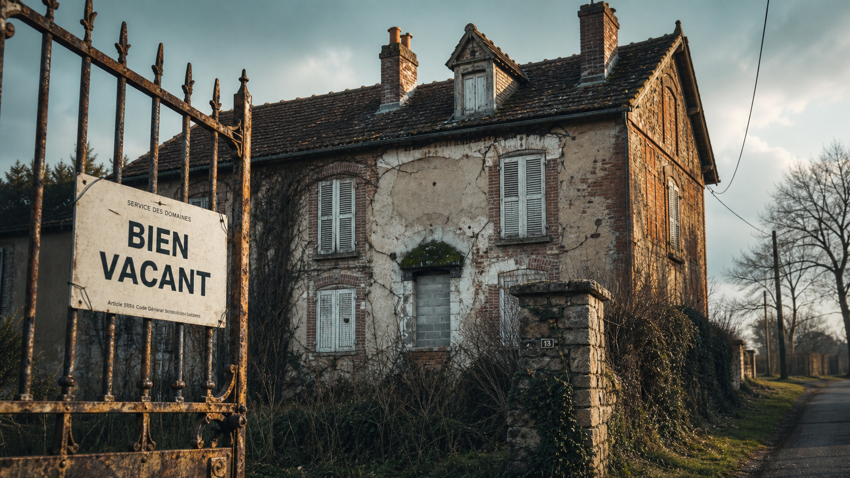 Maison abandonnée : façade fendillée et portail rouillé