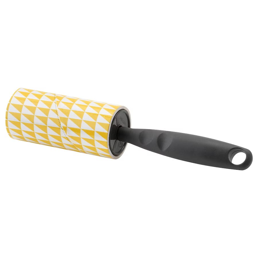Cleaning roller with yellow geometric pattern for home and office cleaning.
