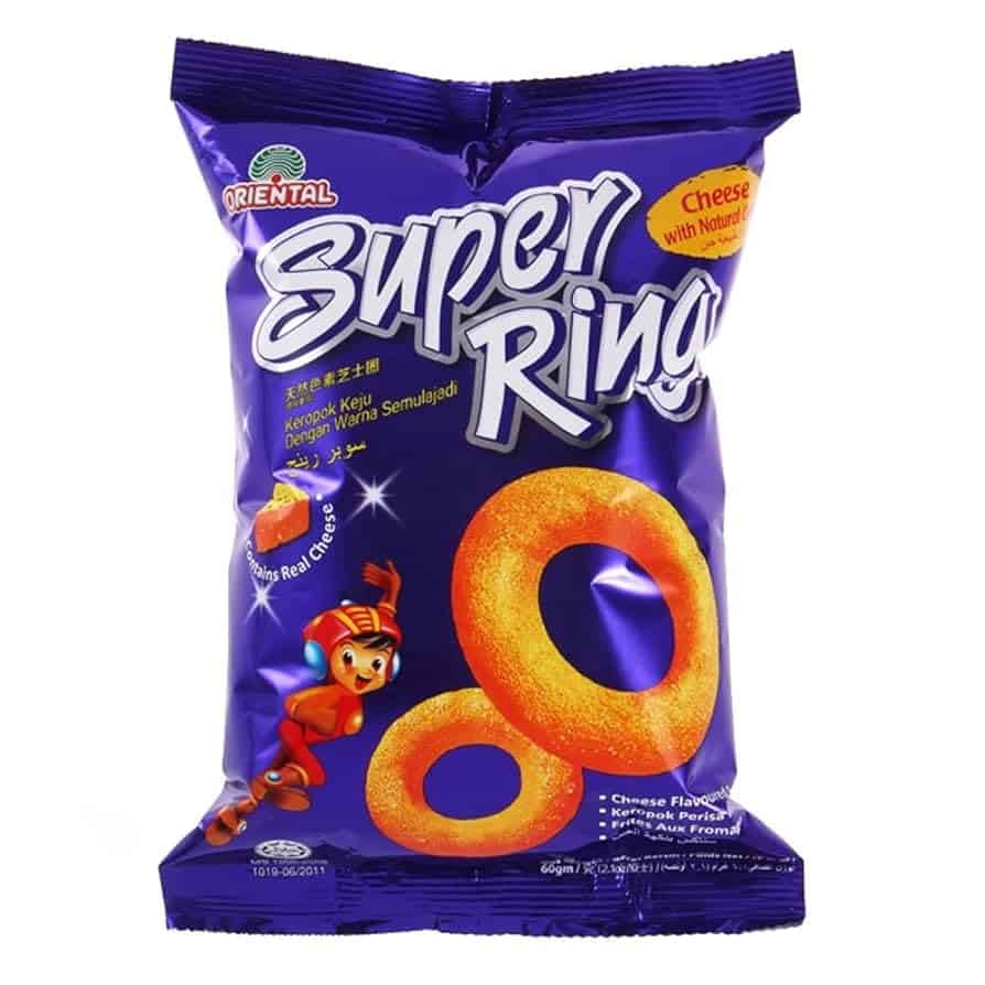 Super Rings Cheese Chips - Crispy snack with real cheese flavor, 60g pack.