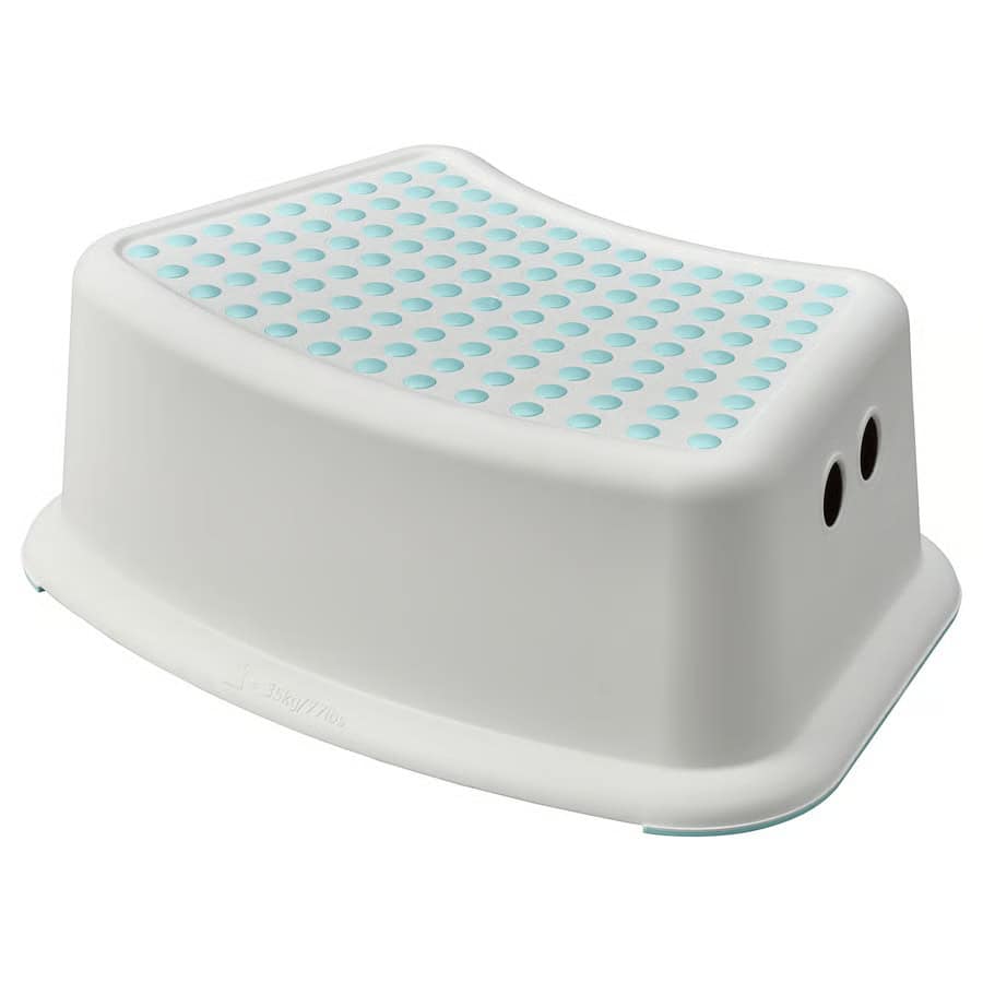 Bright children's stool with white base and turquoise top, perfect for kids' rooms.