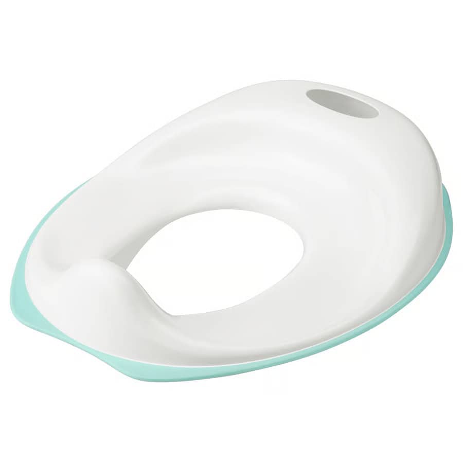 Toilet seat in white and turquoise, designed for comfort and hygiene. Perfect for modern bathrooms.
