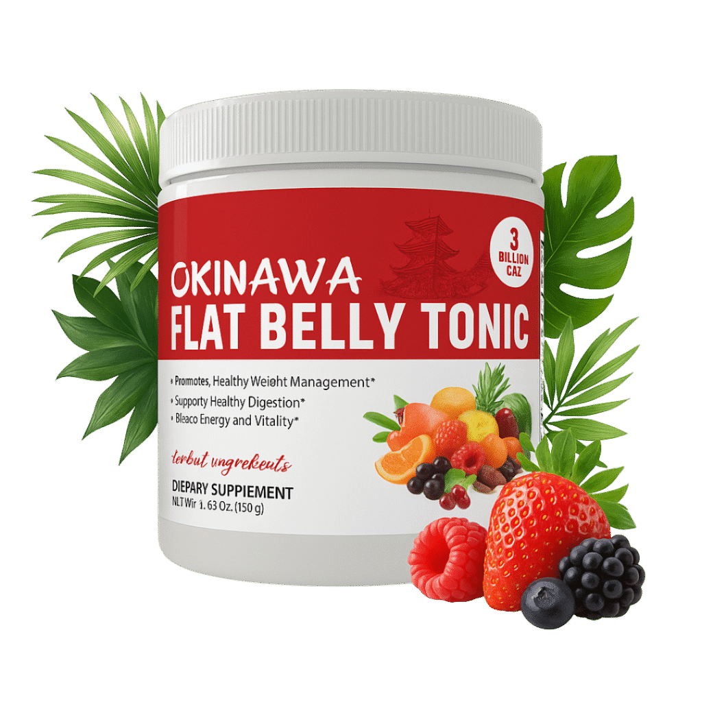 Bottle of the Flat Belly Tonic weight loss supplement, with a purple package and gold cap, positioned against a neutral background. The image highlights the product's appearance and brand