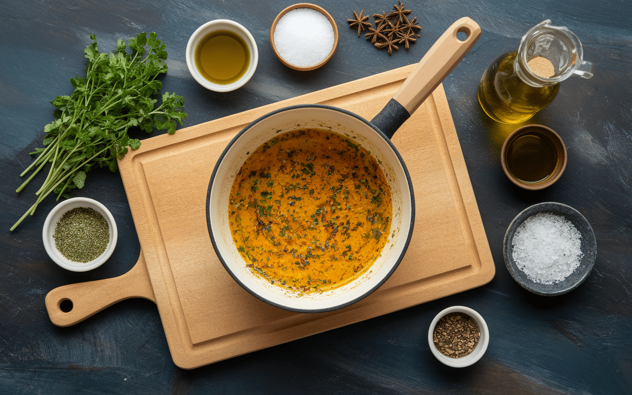 Préparation cuisse de pintade au four sur planche herbes épices