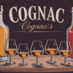 Cognac vs spiritueux en bouteilles sur bois noble ambiance dorée