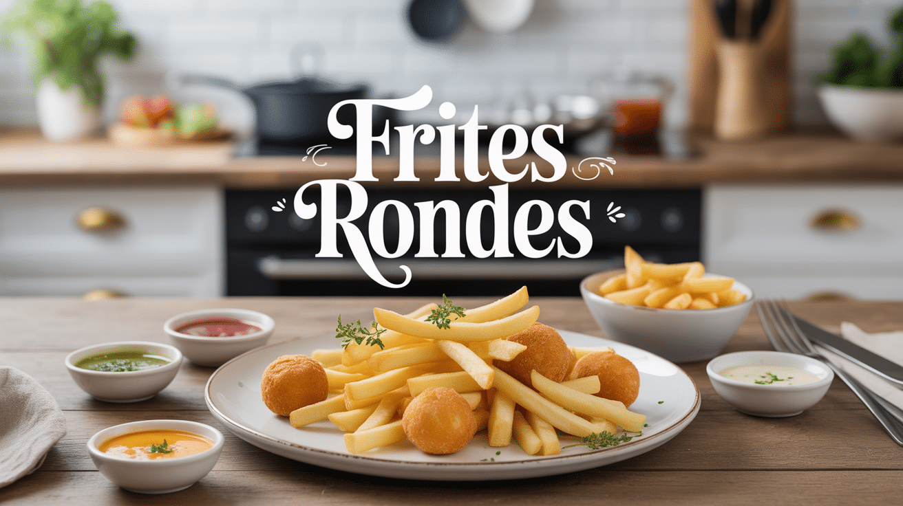 Assiette avec frites rondes dorées, sauces, cuisine moderne