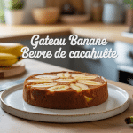 gateau banane beurre de cacahuete sur assiette avec bananes et cacahuetes