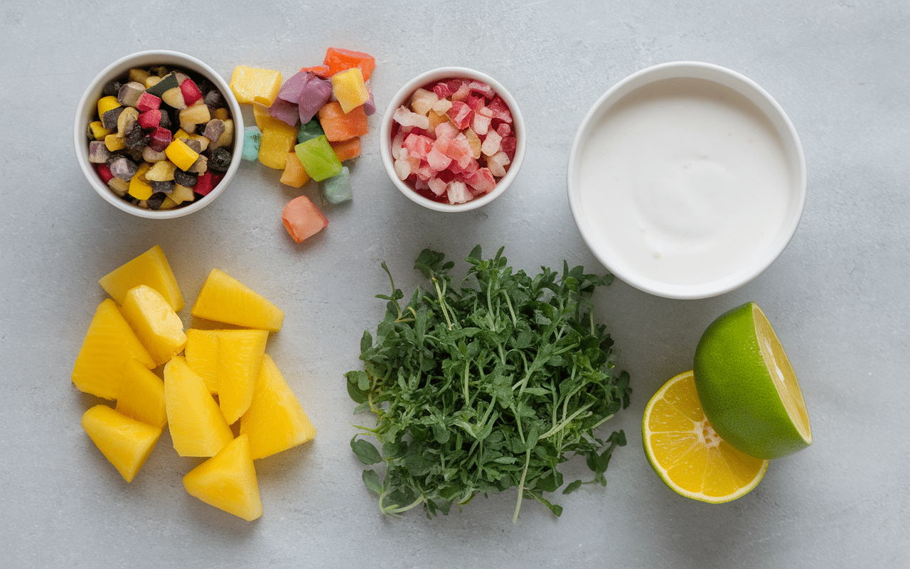 Ingrédients salade ananas surimi sur plan de travail