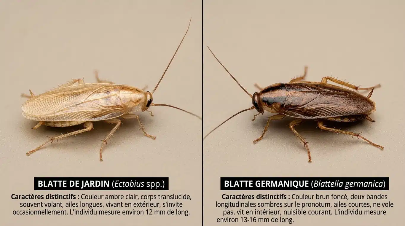 Comparaison visuelle entre une blatte de jardin (claire) et une blatte domestique (foncée) pour faciliter l'identification