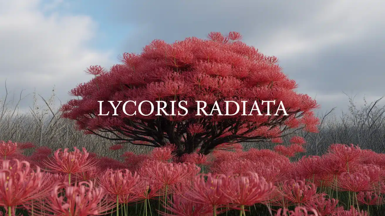 Massif de Lycoris radiata en floraison rouge éclatante sous ciel automnal