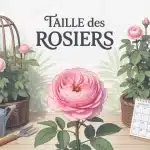 illustration taille des rosiers jardin avec sécateur et calendrier