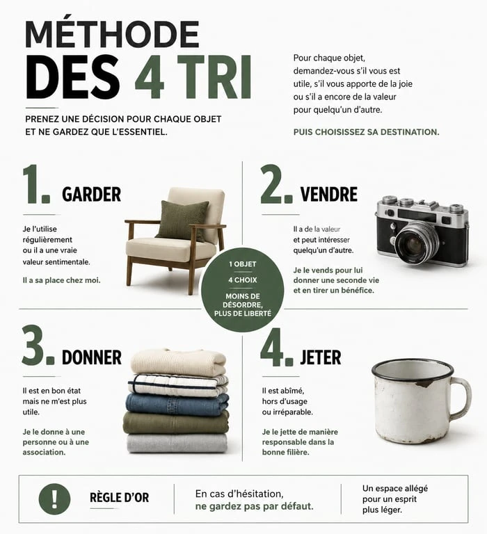 Infographie méthode de tri pour vider maison : Garder, Vendre, Donner, Jeter