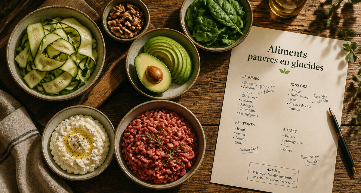 aliments pauvre en glucide sur table rustique