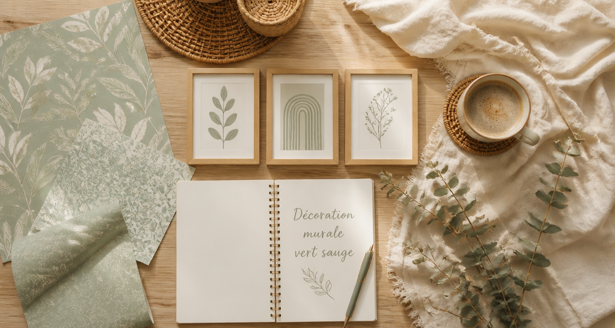 decoration murale vert sauge flat lay scandinave