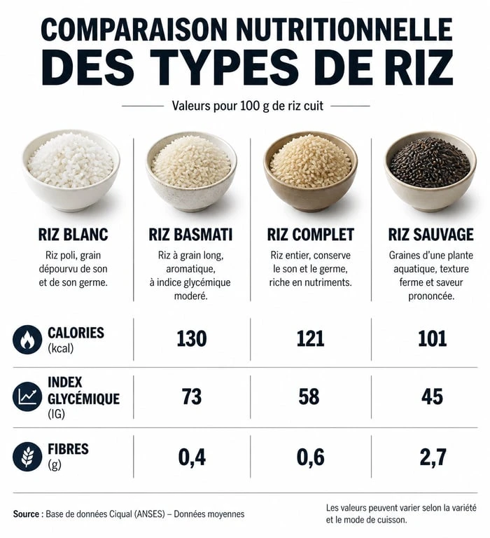 Infographie comparative des valeurs nutritionnelles et de l'index glycémique des différents types de riz pour une alimentation équilibrée.