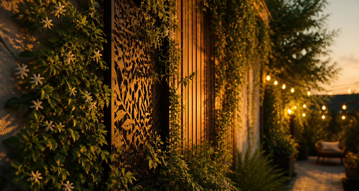 idee pour cacher un mur exterieur avec vegetation et panneaux decoratifs