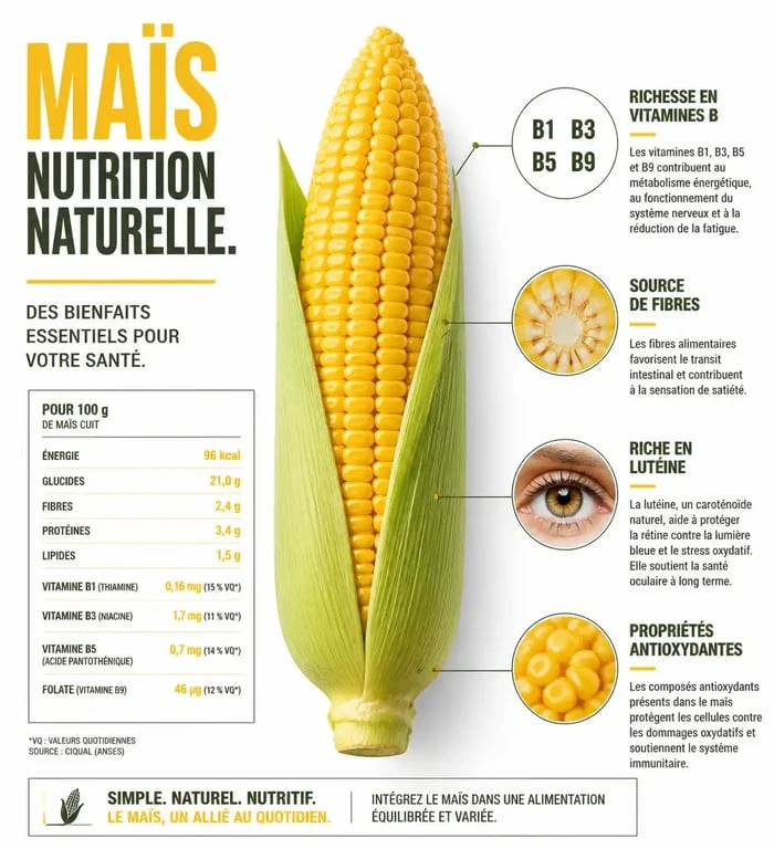 Infographie sur les bienfaits du maïs pour la santé et ses apports nutritionnels