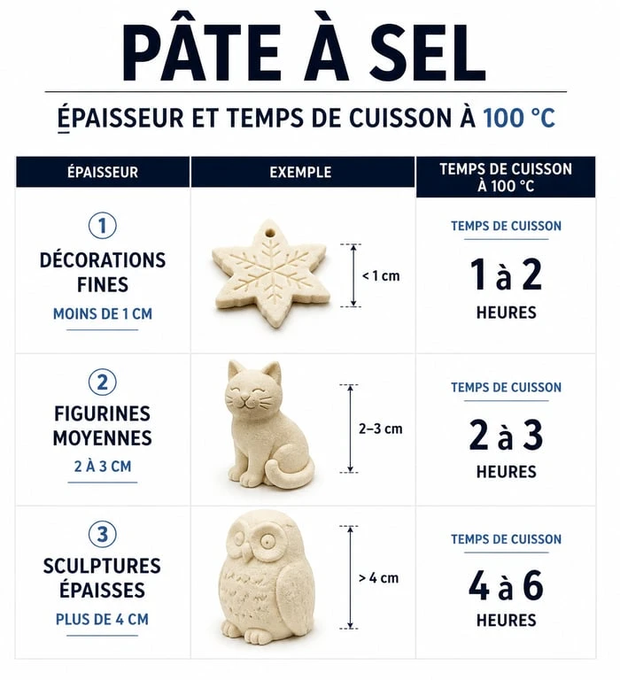 Tableau récapitulatif du temps de cuisson de la pâte à sel sans séchage selon l'épaisseur de l'objet