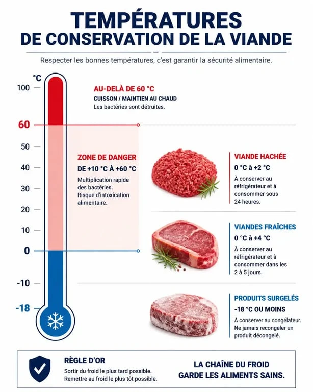 Infographie des températures de la chaîne du froid pour la viande et sécurité alimentaire