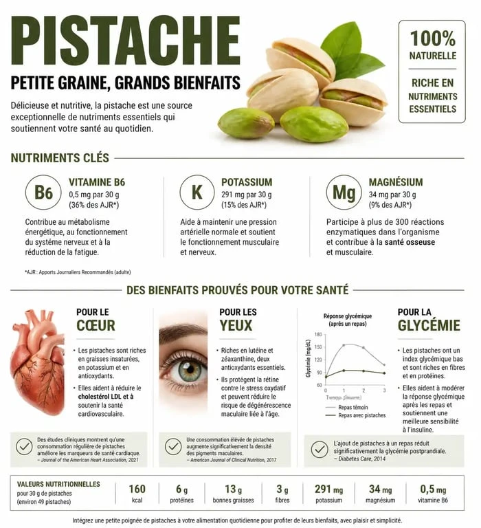 Infographie sur les bienfaits de la pistache pour la santé et ses apports nutritionnels
