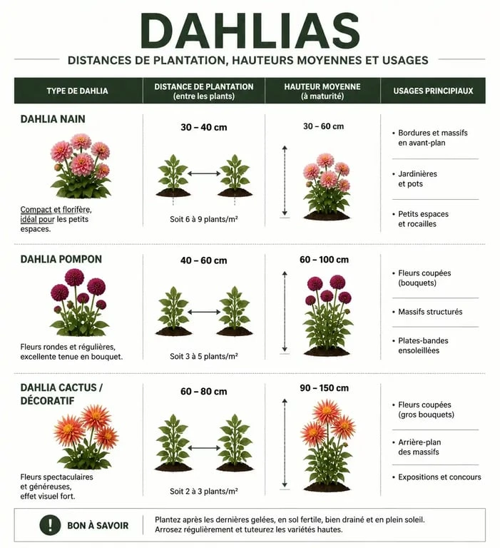 Infographie récapitulative pour quand planter les dahlias en pleine terre et espacement des variétés