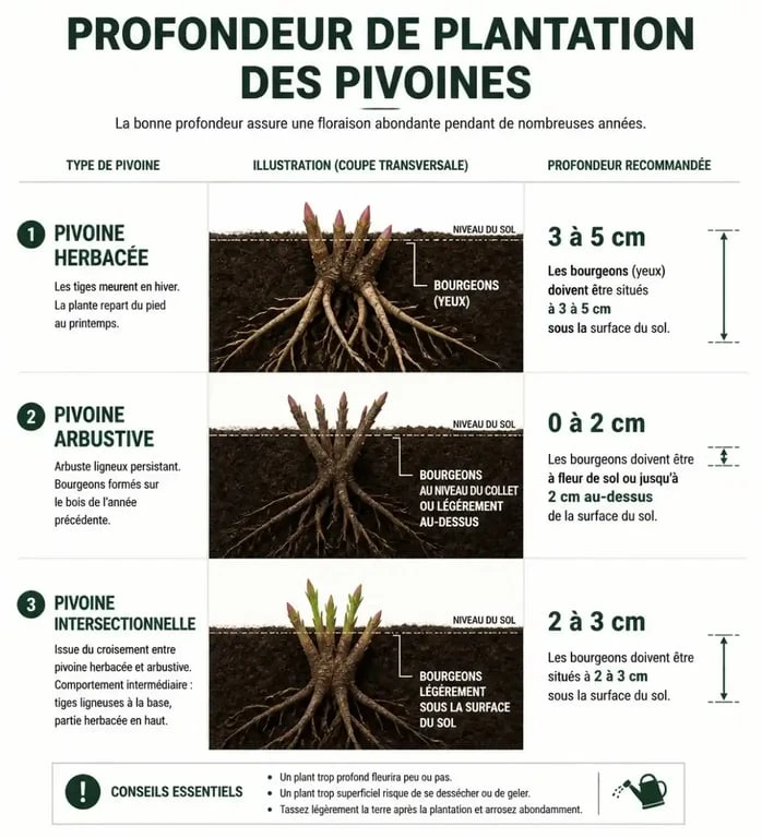 Schéma de la profondeur de plantation des pivoines herbacées, arbustives et Itoh pour réussir quand planter sa pivoine