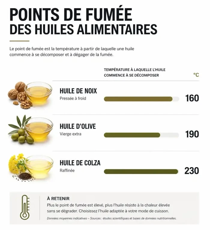 Infographie comparative des points de fumée des huiles alimentaires pour la cuisson avec huile de noix