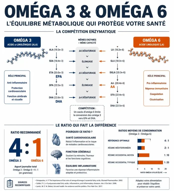 Infographie sur l'équilibre des oméga 3 et 6 et leurs bienfaits pour la santé