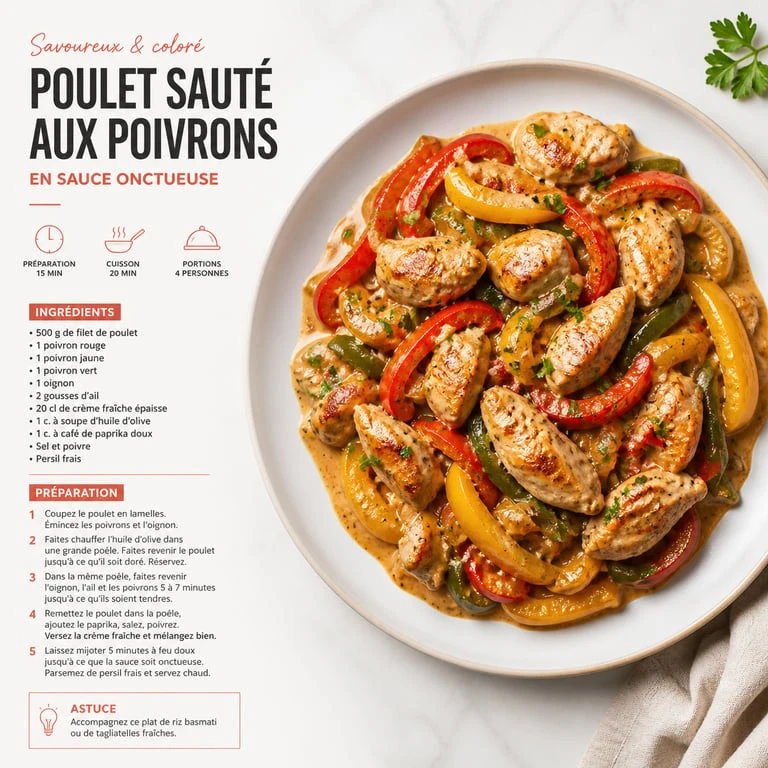 Recette de poulet aux poivrons en sauce onctueuse dans une assiette