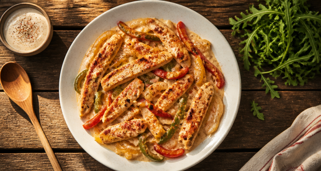 recette poulet poivron en sauce sur assiette