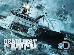 Deadliest Catch Image of rough seas with a fishing vessel and the Discovery Chanel "Deadliest Catch" logo