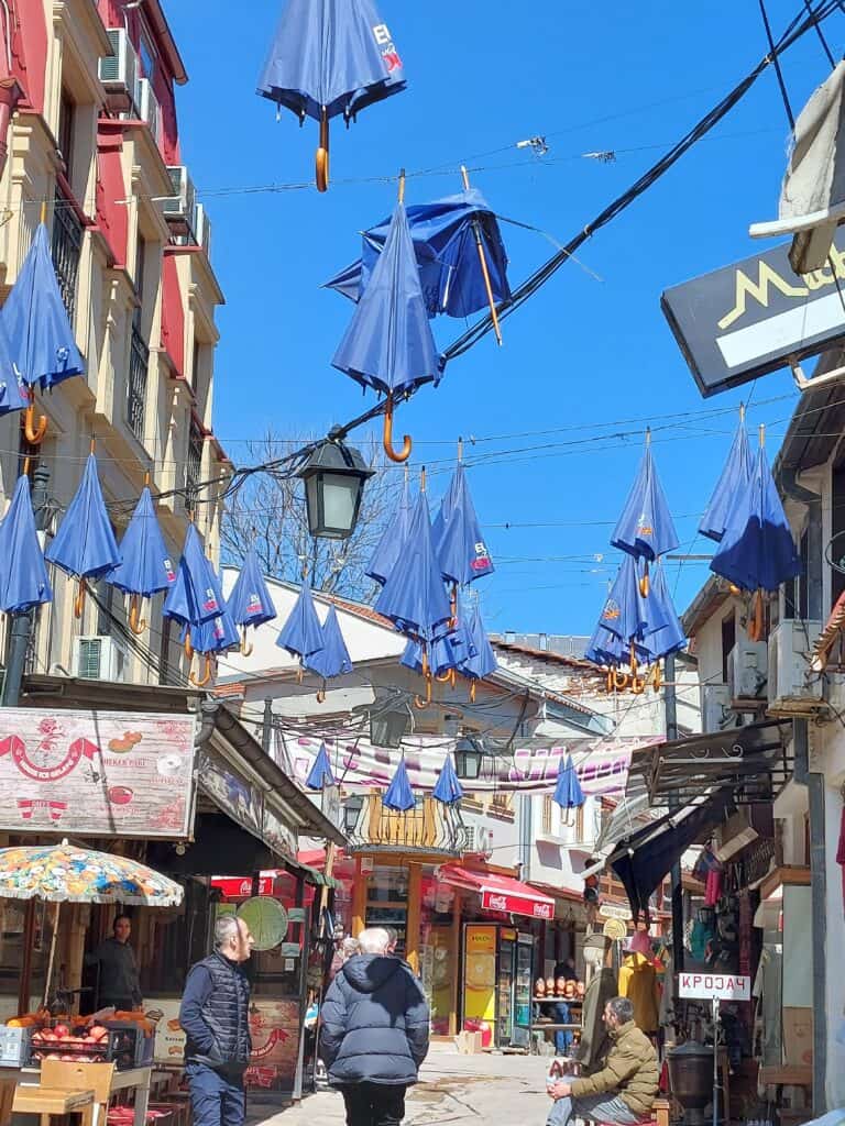 Old Bazaar, Skopje, street with umbrellas and many stalls in North Macedonia