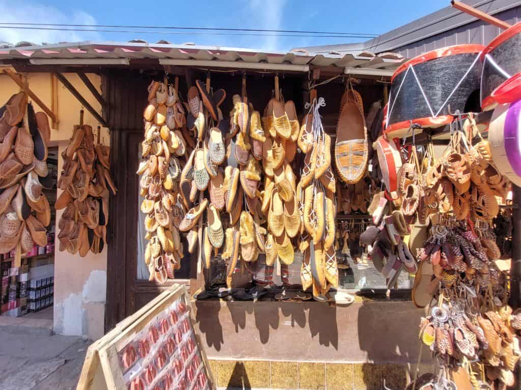 Handmade leather shoes on one of the stalls close to the Čifte Hammam in the Old Bazaar Skopje, North Macedonia