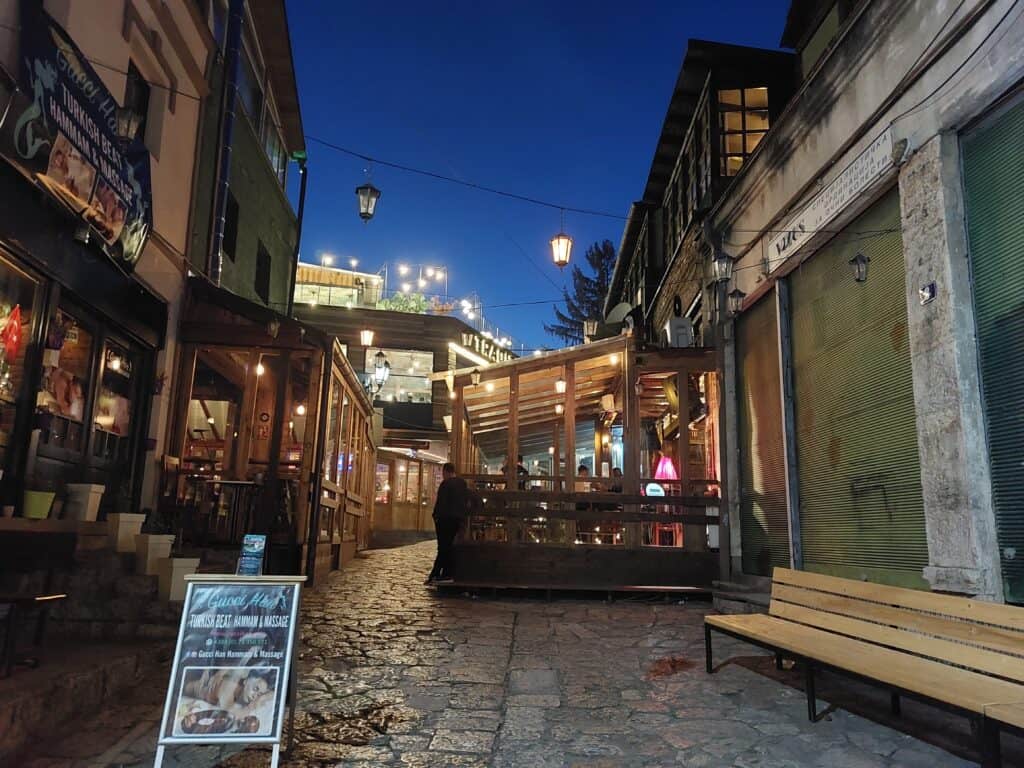 Restaurants and Bars in the Old Bazaar in Skopje North Macedonia at night - one of the best things to do in Skopje