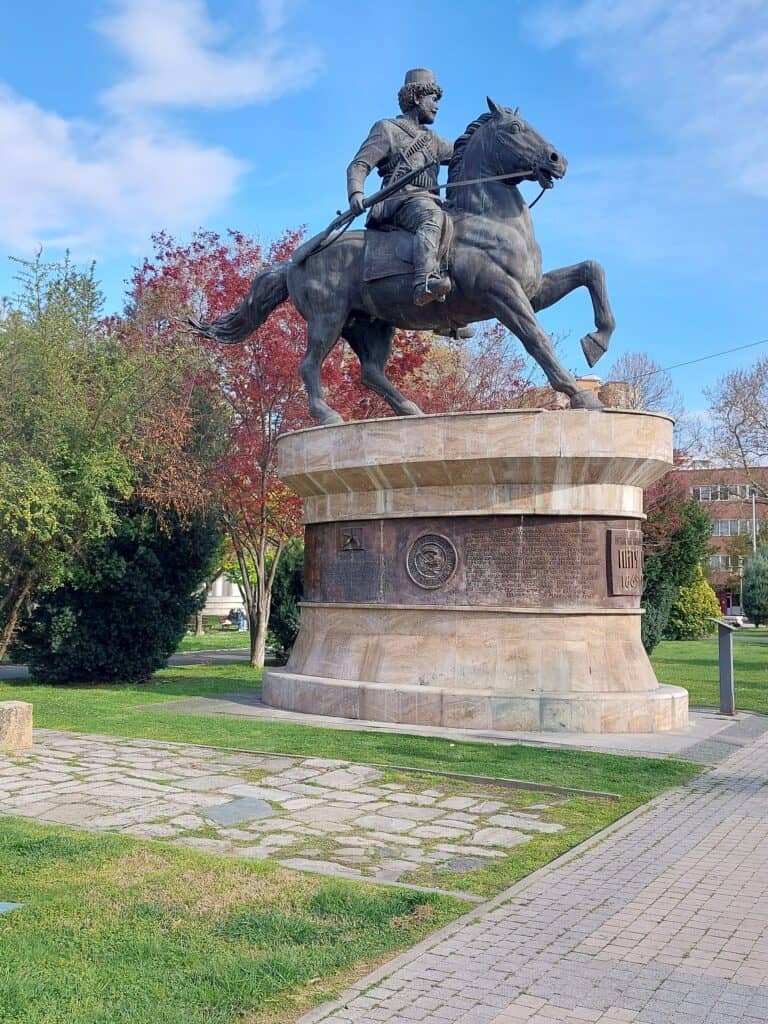 Bronze sculpture of Pitu Guli on a horse at Zena Park Woman Warrior Park), Skopje, Macedonia