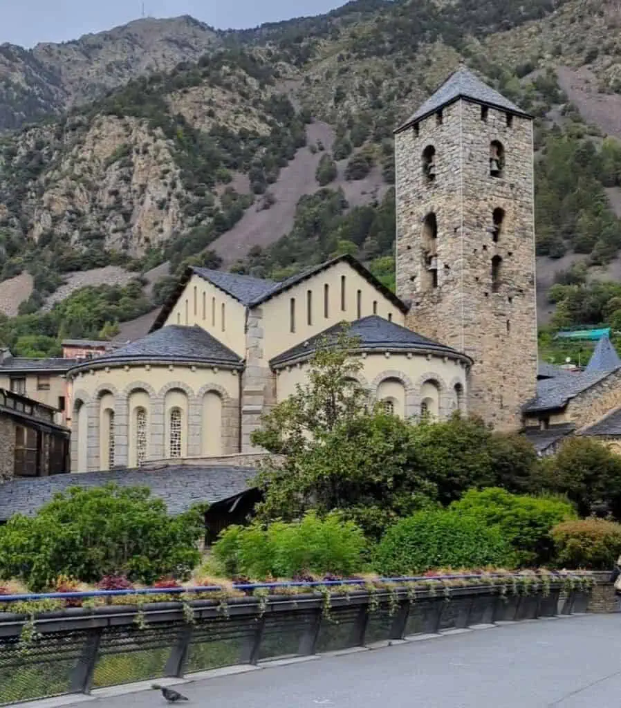 Església de Sant Esteve in the centre of Andorra La Vella - this is an exterior view with the mountains in the background