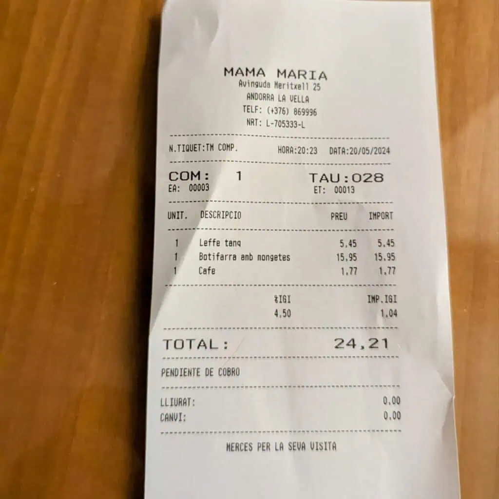 Restaurant receipt for Mama Maria Restaurant Andorra La Vella