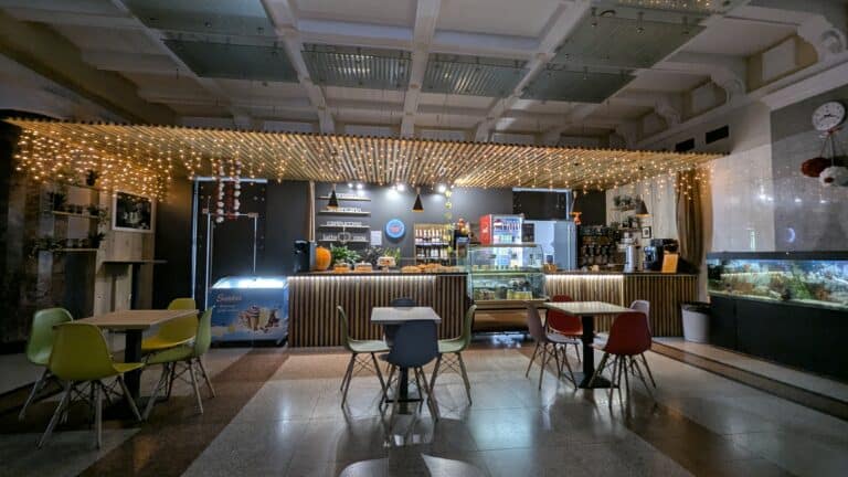Cafe inside Chisinau Rail Station complete with fishtanks