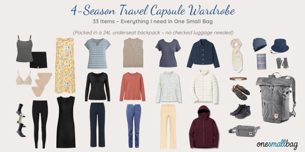 4 season travel capsule wardrobe in a 24l litre bag (Fjallraven High Coast Foldsack)