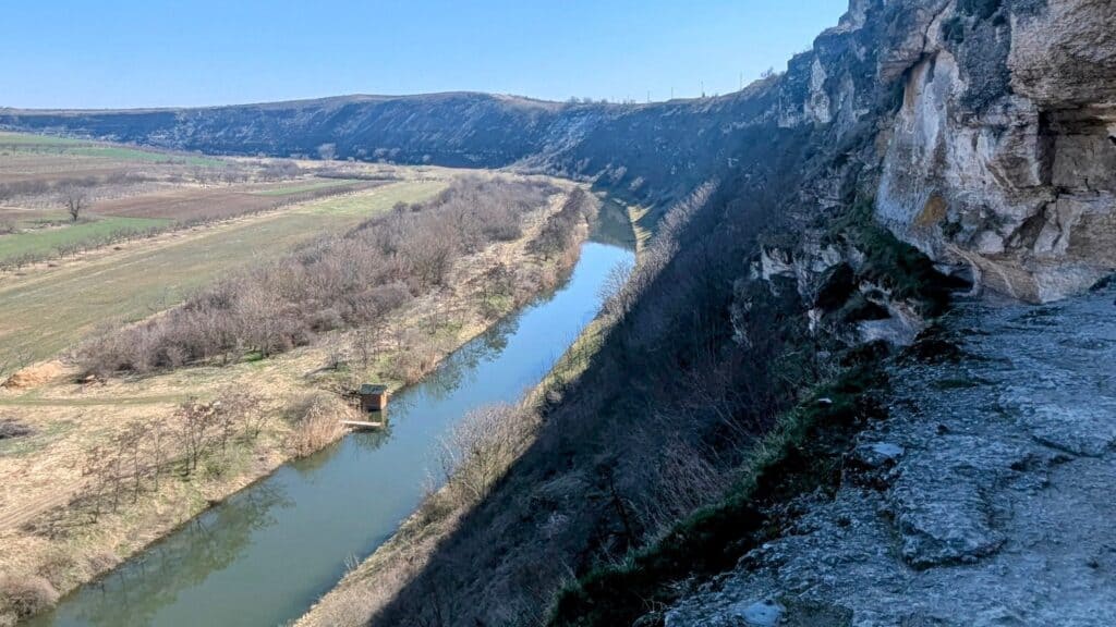 view from the narrow ledge on the cliff old orhei cave monastery